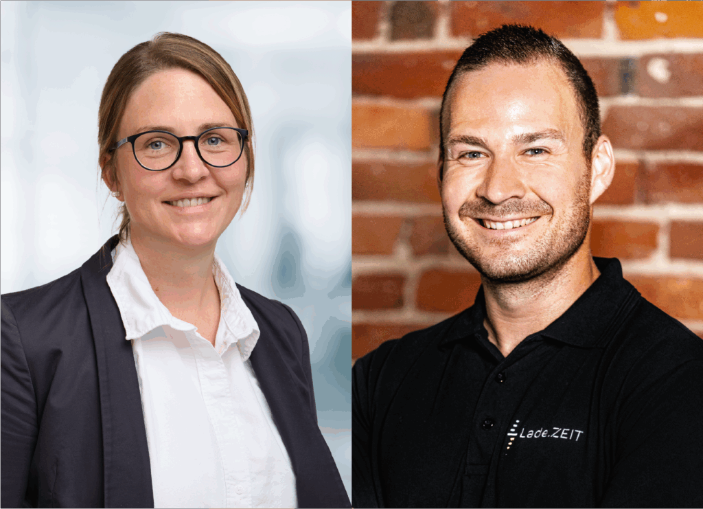 Johanna Brinkmann Leitung Kompetenzzentrum Ecclesia Mobility (links) und Marvin Beccard Geschäftsführer Lade.ZEIT GmbH (rechts) gehen Partnerschaft zur Ladeinfrastruktur ein