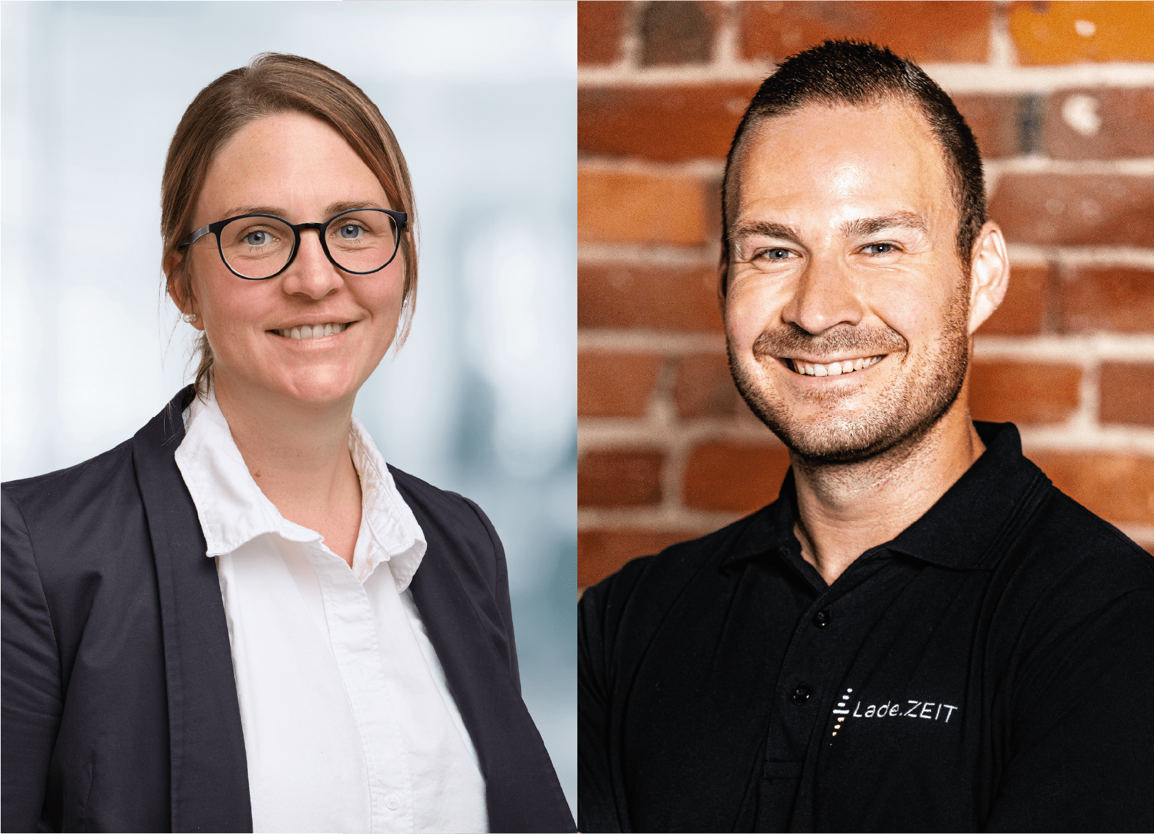 Johanna Brinkmann Leitung Kompetenzzentrum Ecclesia Mobility (links) und Marvin Beccard Geschäftsführer Lade.ZEIT GmbH (rechts) gehen Partnerschaft zur Ladeinfrastruktur ein